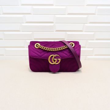  Gucci GG Marmont Purple Velvet Quilted Look Brass Double G Detail Flap Design Back Heart Luxurious Texture Ladies Mini Shoulder Bag