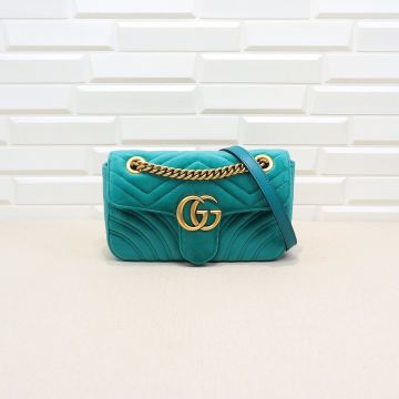 Top Quality Turquoise Color Velvet Look Quilted Design Brass Double G Logo GG Marmont— Gucci Women'S Mini Shoulder Bag For Female