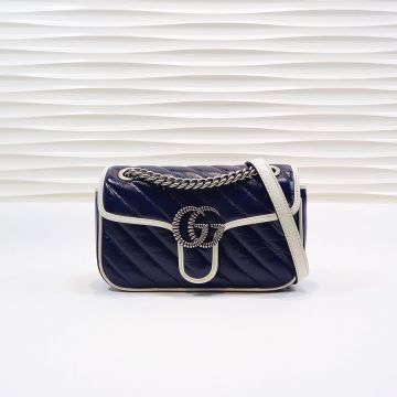  Gucci GG Marmont Dark Blue Quilted Leather White Trim Vintage Silver Twist Double G Detail Women'S Mini Shoulder Bag