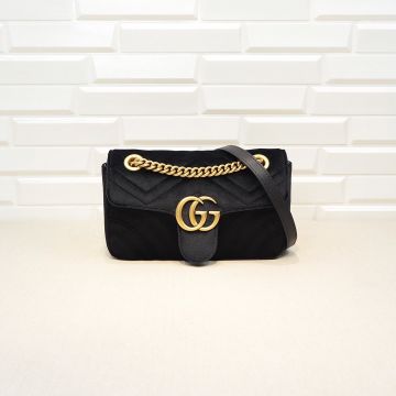  Gucci GG Marmont Collection Black Velvet Vintage Quilted Look Gold Double G Accessories Elegant Design Ladies Mini Shoulder Bag