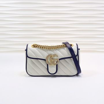 Discounted White Twill Quilted Leather Blue Trim Gold Twisted Logo GG Marmont— Gucci Women'S Mini Shoulder Bag
