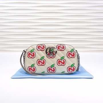 Gucci GG Marmont Collection Small White Twill Matelassé Vintage Silver Accessories Red Apple Pattern Women'S Shoulder Bag
