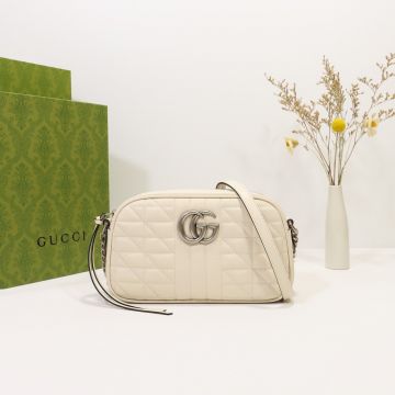  Gucci GG Marmont White Leather Geometric Quilted Silver Double G Logo Zip Closure Small Women'S Crossbody Bag