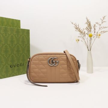 High End Rose Beige Leather Geometric Quilted Detail Silver Metal Hardware GG Marmont—Copy Gucci Ladies Small Gentle Bag