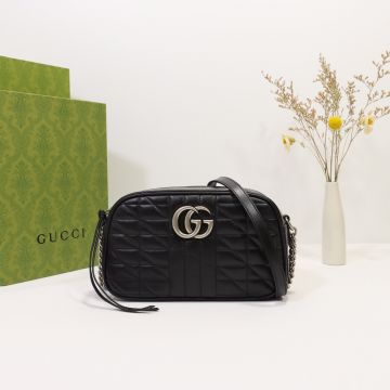 Chic Black Quilted Leather Vintage Silver Hardware Double G Logo Zip Closure GG Marmont— Gucci Small Women'S Shoulder Bag