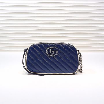  Gucci GG Marmont Dark Blue Twill Quilted Leather Twist Silver Double G Chain Strap Small Shoulder Bag For Ladies