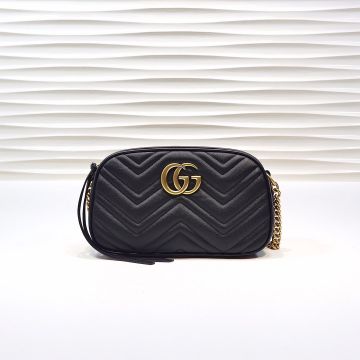 Clone Gucci GG Marmont Black Leather Wave Quilted Design Zip Closure Gold Double G Fashion Women'S Small Shoulder Bag