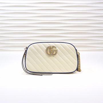 Top Quality White Twill Quilted Blue Trim Gold Twisted Double G Logo GG Marmont—Copy Gucci Versatile Small Women'S Bag