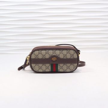 Popular Ebony GG Canvas Striped Detail 3 Compartments Metal Zippers Brown Trim Ophidia 546597 - Replica Gucci Ladies Camera Bag
