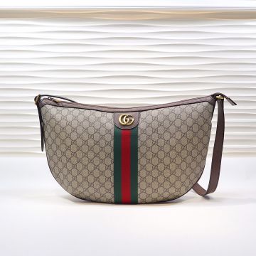 High-End GG Jacquard Denim Red-Green Web Decoration Brown Leather Trim Ophidia - Fake Gucci Women Hobo Bag