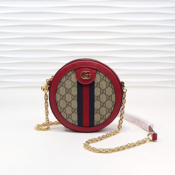 Multipurpose GG Supreme Canvas Blue-Red Web Red Leather Trim Golden Chain Strap Ophidia - Faux Gucci Ladies Round Bag