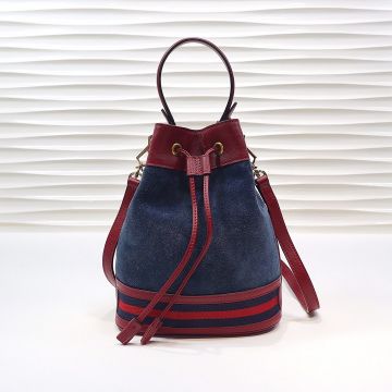 Cheapest Blue Suede Red-Blue Stripe Dark Red Leather Trim Drawstring Closure Detachable Leather Strap Ophidia -Imitated Gucci Ladies Bucket Bag