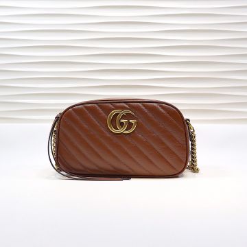  Gucci GG Marmont Dark Brown Leather Diagonal Quilted Design Vintage Gold Hardware Ladies Crossbody Bag