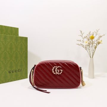 Low Price Dark Red Twill Quilted Pink Leather Trim Enamel Gold Logo GG Marmont—Clone Gucci Glam Style Shoulder Bag For Ladies