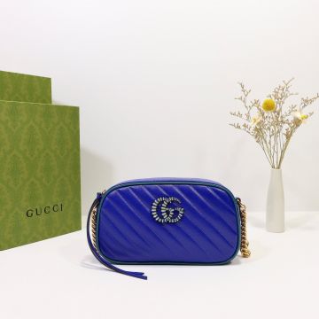  Gucci Dark Blue Twill Quilted Design Green Trim Gold Teal Enamel Details Double G Logo Chic Camera Bag For Women