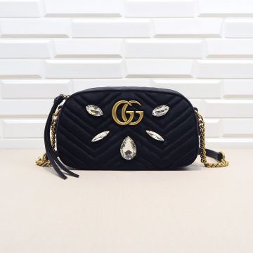  Gucci GG Marmont Black Suede Wave Quilted Brass Double G Waterdrop Shape Crystal Patch New Women'S Shoulder Bag