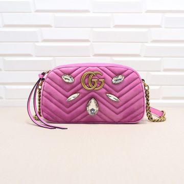 Crystal Detail Pink Suede Herringbone Quilted Vintage Gold Logo GG Marmont— Gucci Women'S Small Cute Style Crossbody Bag