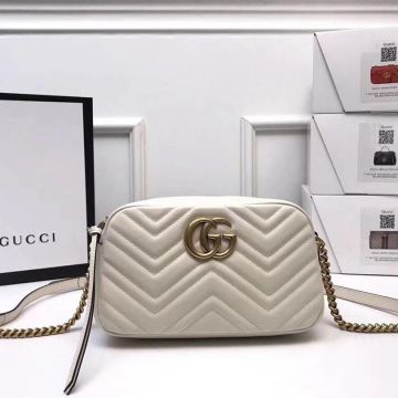  Gucci GG Marmont White Wavy Quilted Leather Vintage Metal Double G Zip Closure Versatile Women'S Small Camera Bag