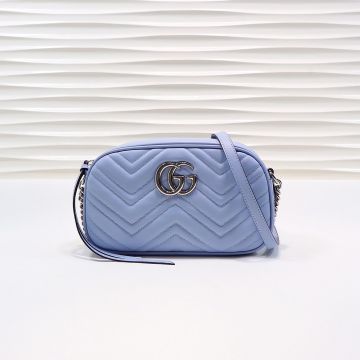  Gucci GG Marmont Sky Blue Quilted Leather Palladium Silver Hardware Top Zip Women Crossbody Bag