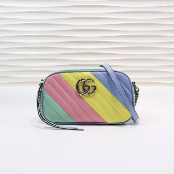  Gucci GG Marmont Light Rainbow Tone Wave Quilted Leather Silver Double G Logo Zip Closure Cute Women'S Crossbody Bag