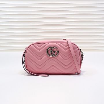 Chic Rose Pink Leather Wave Quilted Design Shiny Silver Hardware Zip Closure GG Marmont— Gucci Romantic Women'S Small Shoulder Bag