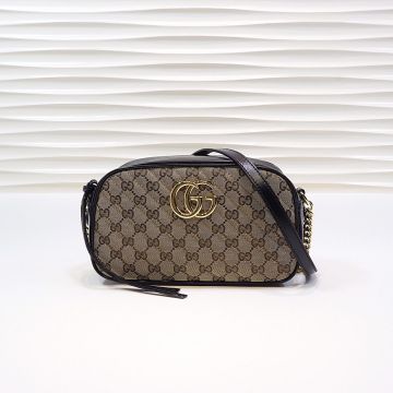  Gucci GG Marmont Ebony Twill Quilted Canvas Black Leather Trim Shiny Gold Hardware Women's Utility Crossbody Bag