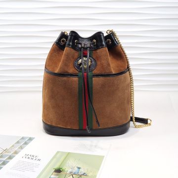 Vogue Camel Suede Vertical Striped Black Leather Trim Tiger Head Metal Chain & Leather Splicing Strap Drawstring Closure Ophidia - Fake Gucci Ladies Bucket Bag