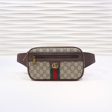 Fake Gucci Ophidia GG Tartan Canvas Striped Detail Front Zipper Brown Leather Trim Breathable Back Canvas Waistband Women Bum Bag