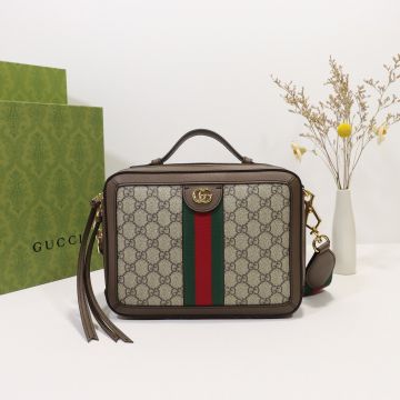 Vogue GG Supreme Canvas Brown Trim Red-Green Web Detachable Strap Zipper Closure Ophidia - Fake Gucci Female Square Camera Bag
