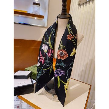 Replica Gucci Colorful Floral Printing Women's High End Black Silk Scarf 90*90CM Square Shawl For Sale
