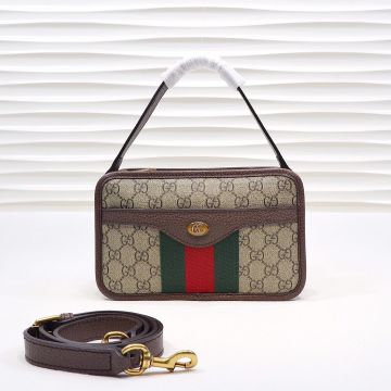  Gucci Ophidia 598130 GG Supreme Canvas Red-Green Web Brown Leather Trim Detachable Strap Ladies Handle Bag