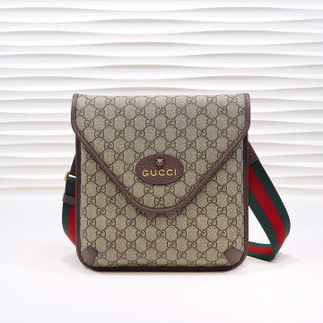  Gucci GG Supreme Canvas Tiger Head & GUCCI Lettering Detail Brown Leather Trim Red-Green Strap Messengers Bag For Men