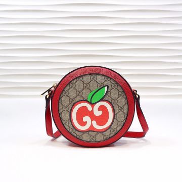 Vogue Ebony GG Canvas Apple Pattern Decorated GG Logo Red Leather Trim Gold Zipper Ophidia 625216 -  Gucci Women Round Bag