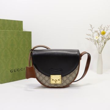 Fashion Ebony GG Canvas Brown Leather Trim Black Flap Lock Closure Wraparound Adjustable Strap Padlock -  Gucci Female Saddle Bag