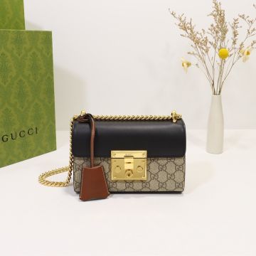 Vogue GG Tartan Canvas Brown Leather Key Holder Back Flat Pocket Golden Chain Strap Padlock - Faux Gucci Ladies Flap Bag