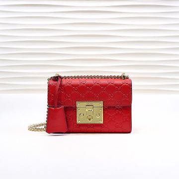 Stylish Red GG Printed Cowhide Leather Lock Closure Gold Chain Strap Back Pocket Padlock - Faux Gucci Women Flap Bag