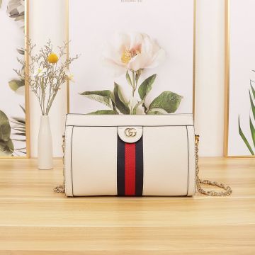 Vogue White Leather Blue-Red Striped 2 Compartments Magnetic Closure Adjustable Strap Ophidia - Fake Gucci Women Chain Bag