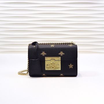 Classic Black Cowhide Leather Bee & Star Decoration Gold Lock Closure Adjustable Golden Chain Strap Padlock -  Ladies Sling Bag