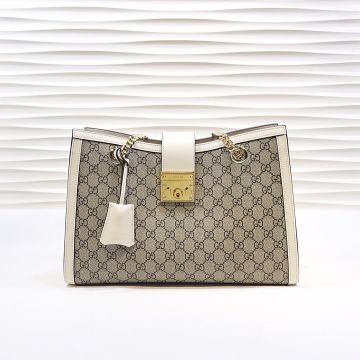 Vogue GG Supreme Canvas White Leather Trim Metal Detail Lock Closure Double Chain Straps Padlock - Replica Gucci Female Sling Bag