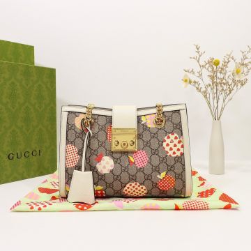 Fake Gucci Padlock GG Supreme Multi-Color Apples Pattern White Leather Trim Lock Closure Double Chain Straps Ladies Shoulder Bag