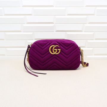  Gucci GG Marmont Women'S Purple Velvet Wave Quilted Gold Double G Logo Top Zip Hot Selling Small Crossbody Bag
