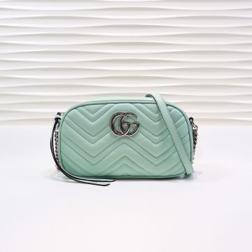For Sale Clone Gucci GG Marmont Pale Turquoise Wave Quilted Leather Shiny Silver Double G Rounded Shape Women'S Simple Shoulder Bag