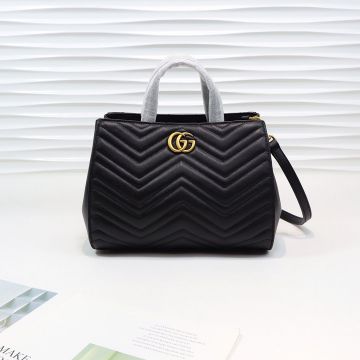  Gucci GG Marmont Black Leather Wave Quilted Look Gold Double G Logo Adjustable Shoulder Straps Women'S Small Tote Bag