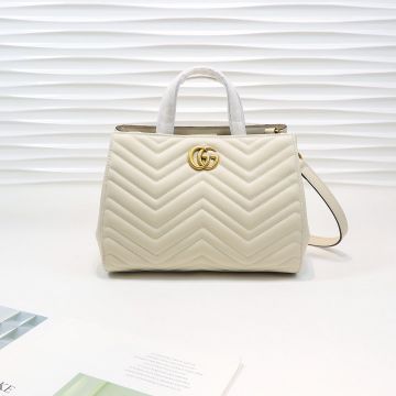  Gucci GG Marmont White Wavy Quilted Leather Gold Hardware Magnetic Closure Simple Elegant Small Tote Bag For Female