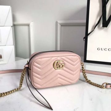 Top Sale Pearl Pink Wavy Quilted Leather Vintage Gold Hardware Top Zip GG Marmont— Gucci Mini Crossbody Bag For Ladies