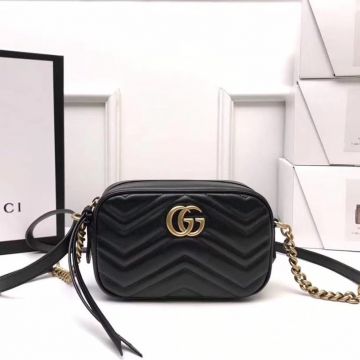 Chic Black Crinkled Chevron Leather Front Back Double G Gold Hardware GG Marmont— Gucci Mini Utility Shoulder Bag For Women