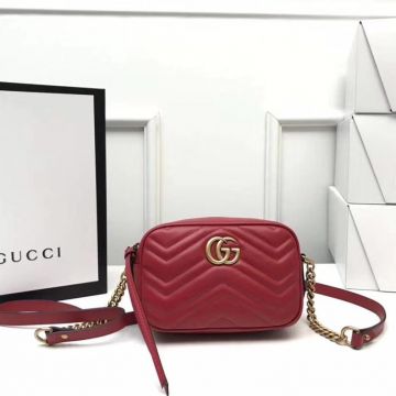  Gucci GG Marmont Red Leather Wave Quilted Zip Closure Gold Double G Logo Classic Ladies Mini Crossbody Bag