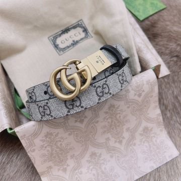 Classic Gucci Female GG Ebony Logo Pattern Brass Double G Buckle 2.0CM Beige Canvas & Leather Reversible Thin Belt 