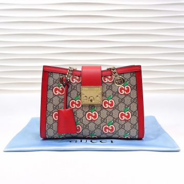 Replica Gucci Padlock GG Canvas Red Apples Pattern Leather Trim Lock Closure Double Golden Chain Straps Women Sling Bag