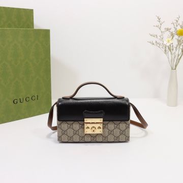 Replica Gucci Padlock Black Flap & Bottom GG Canvas Brown Leather Trim Lock Closure Adjustable Shoulder Strap Women Handle Bag